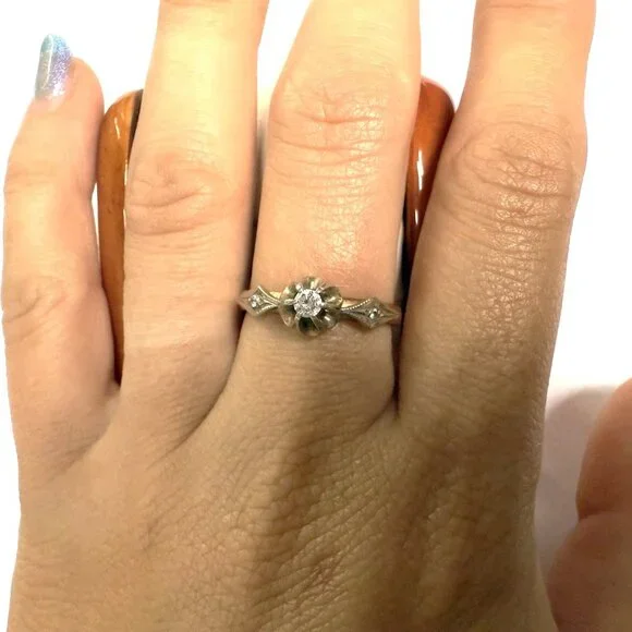 Vintage Russian USSR Solid 14K 585 Rose Pink White Gold Diamond Buttercup Ring